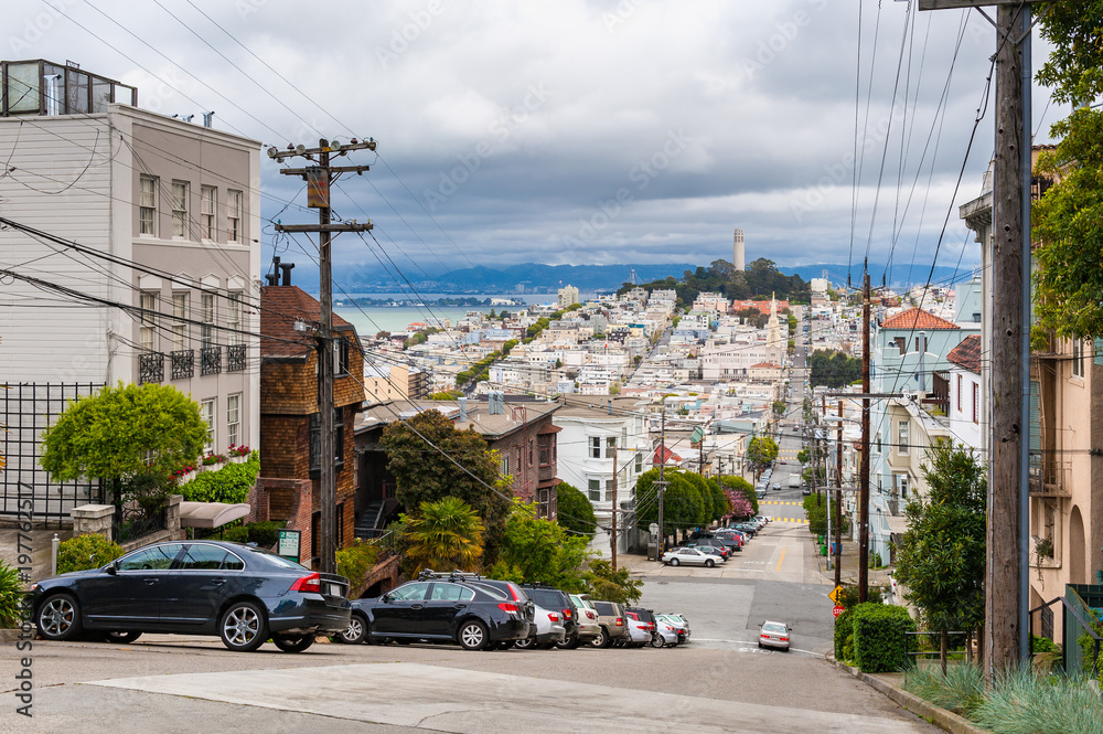Typical steep street in Downtown District of San Francisco California USA