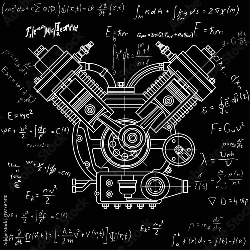 Internal combustion motor. The drawing engine of the machine in section, illustrating the inner structure - the cylinders, pistons, the spark plug. Isolated on white background.