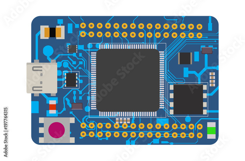 DIY electronic mini board with a micro-controller, LEDs, connectors, and other electronic components.