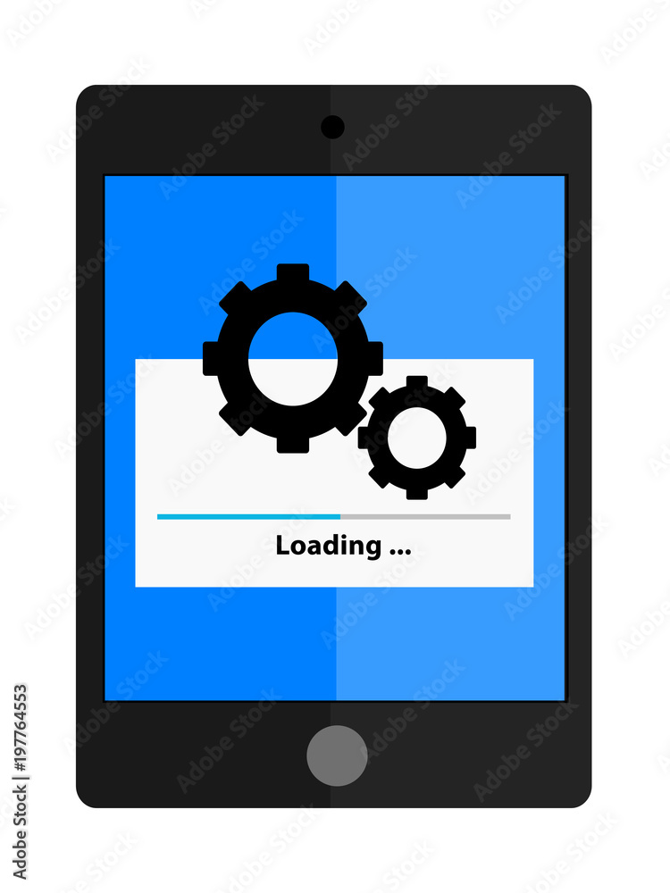 The tablet with gears on the screen and the loading progress bar. Repair of computer equipment symbol The tablet with gears on the screen and the loading progress bar. Repair of computer equipment symbol