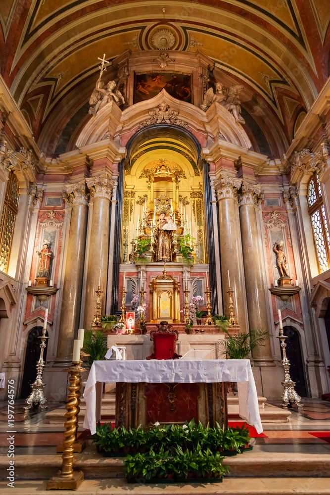Lisbon, Portugal - October 24, 2016: Altar of the Santo Antonio de Lisboa Church. Built on the Saint Anthony of Lisbon aka of Padua or Padova birth location. Baroque style.