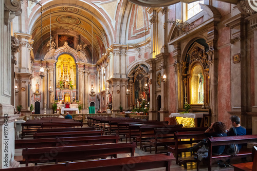 Lisbon, Portugal - October 24, 2016: Santo Antonio de Lisboa Church interior. Built on the Saint Anthony of Lisbon aka of Padua or Padova birth location. View of Nave and Chapels in Baroque style.