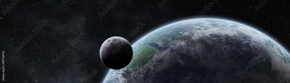 Fototapeta Panoramic view of planet Earth with the moon 3D rendering elements of this image furnished by NASA