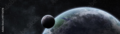 Fototapeta Naklejka Na Ścianę i Meble -  Panoramic view of planet Earth with the moon 3D rendering elements of this image furnished by NASA
