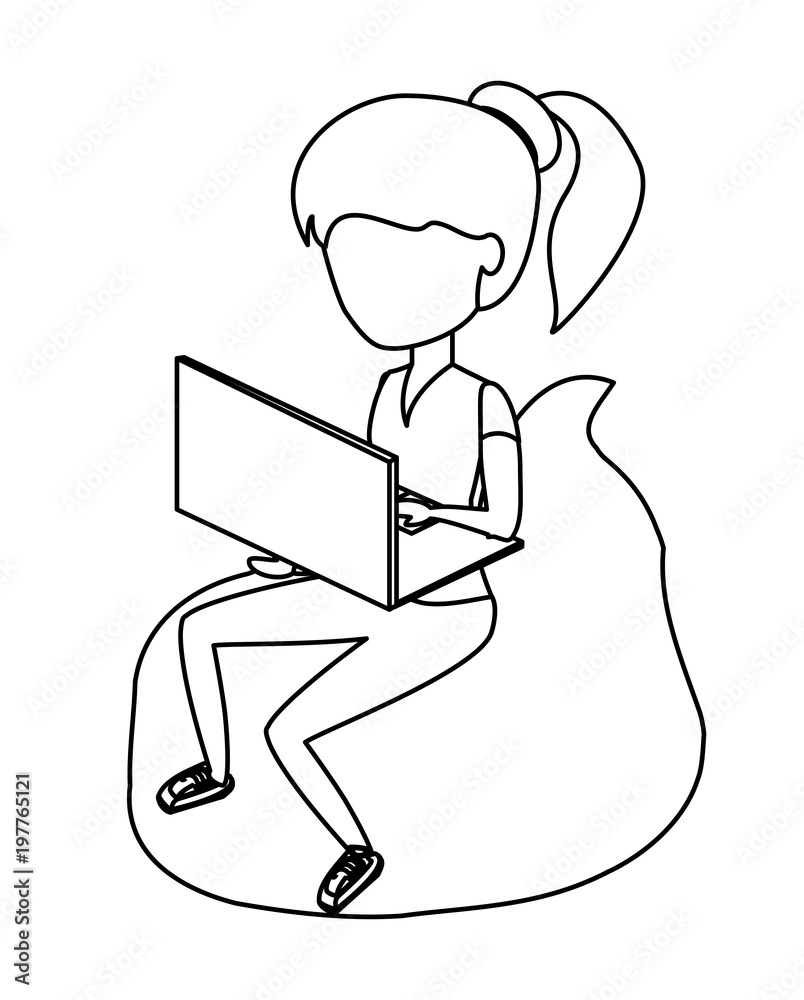 avatar woman sitting on a bean bag and using a laptop computer over white background, vector illustration
