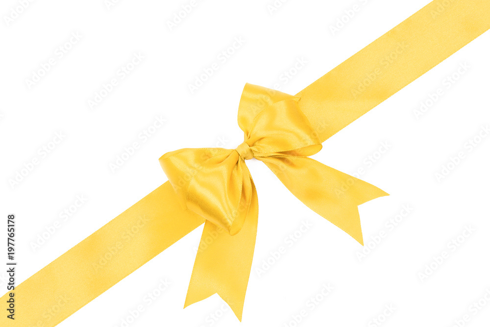 Fototapeta premium Gift card concept - shiny golden satin ribbon with bow isolated on white background 