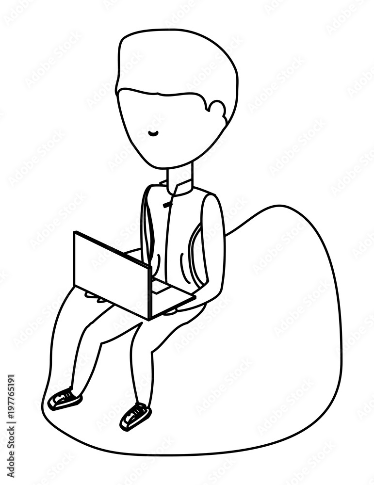 avatar young man sitting on a bean bag and using a laptop computer over white background, vector illustration