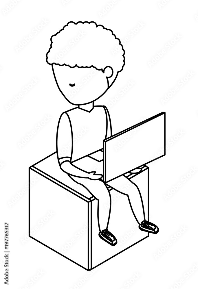 avatar young man sitting on a cube seat and using a laptop computer  over white background, vector illustration