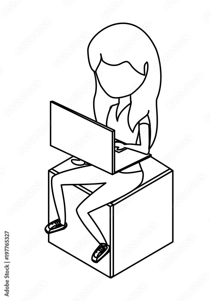 avatar woman sitting on a cube seat and using a laptop computer over white background, vector illustration