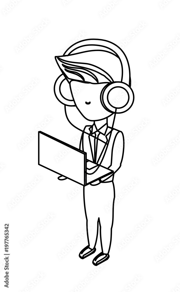 sketch of avatar businessman standing and using a laptop computer and headphones over white background, vector illustration