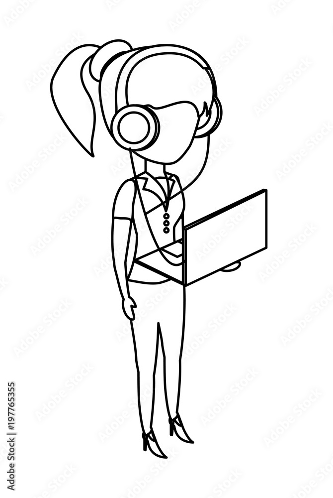 avatar woman standing and using a laptop computer and headphones over white background, vector illustration avatar woman standing and using a laptop computer and headphones over white background, vector illustration