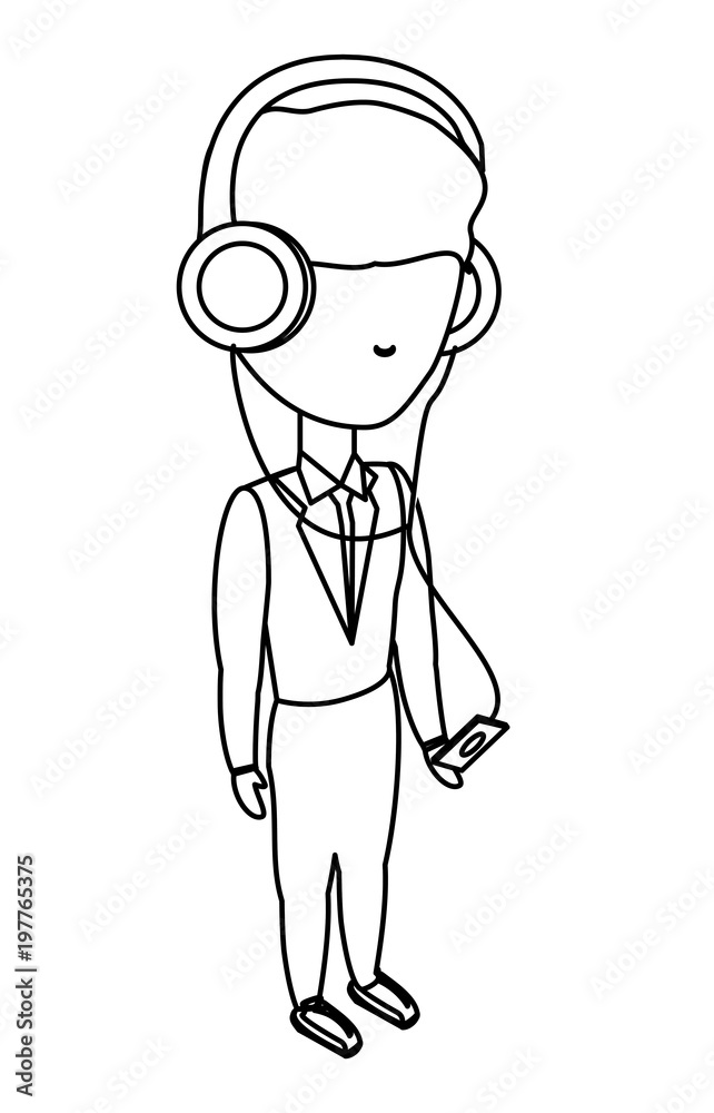 avatar man listening music with headphones over white background, vector illustration