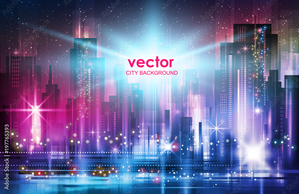 Obraz premium Vector illustration background city night in neon style architecture buildings