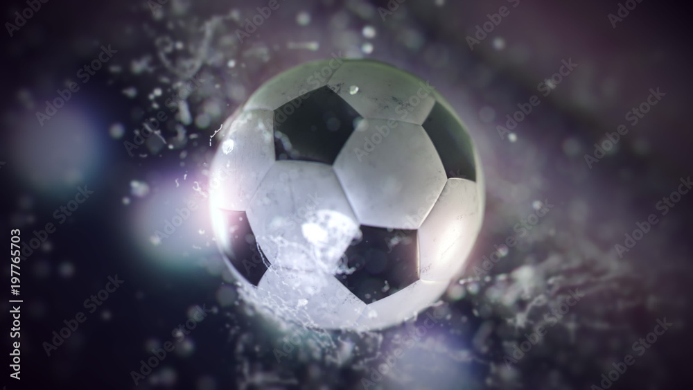 Soccer ball flying through water drops 3d illustration