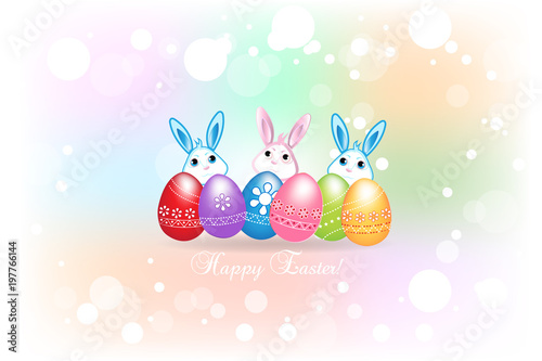 Happy Easter greetings card with eggs and bunnies watercolor image logo background.