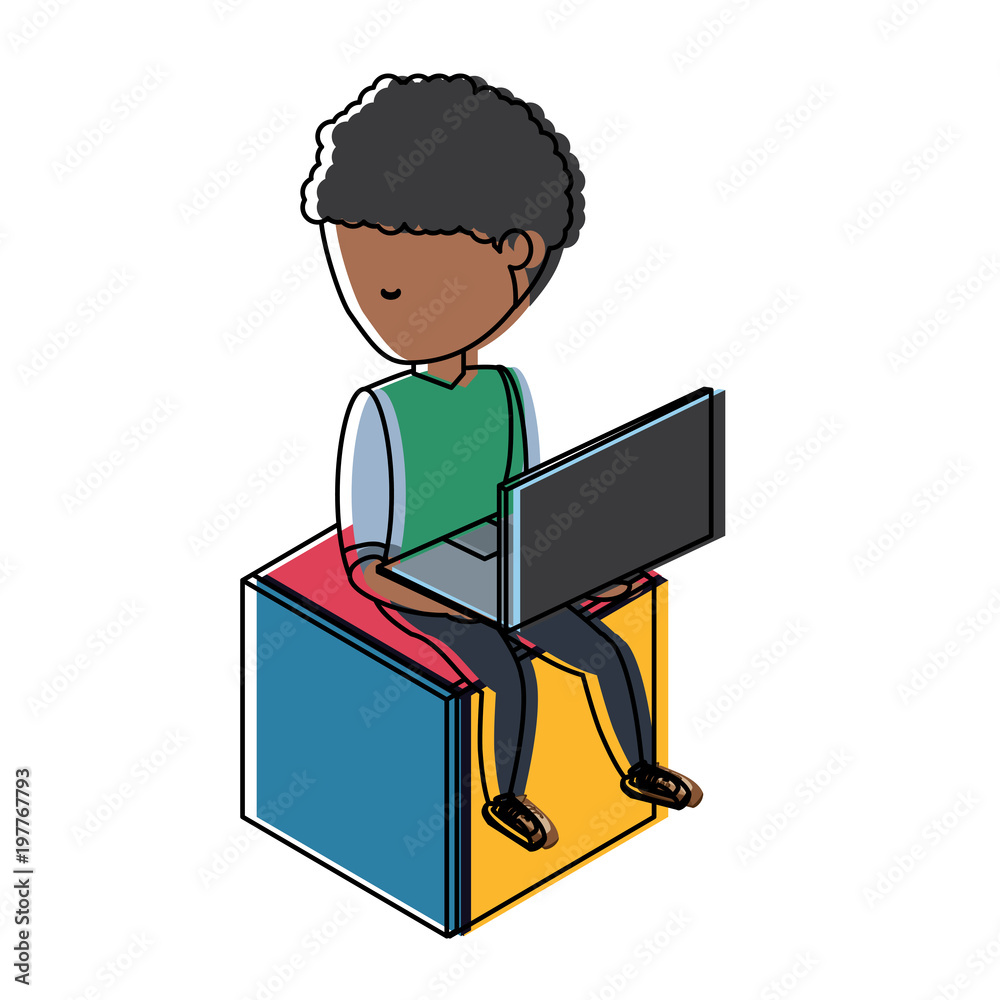 avatar young man sitting on a cube seat and using a laptop computer and headphones over white background, colorful design. vector illustration avatar young man sitting on a cube seat and using a laptop computer and headphones over white background, colorful design. vector illustration