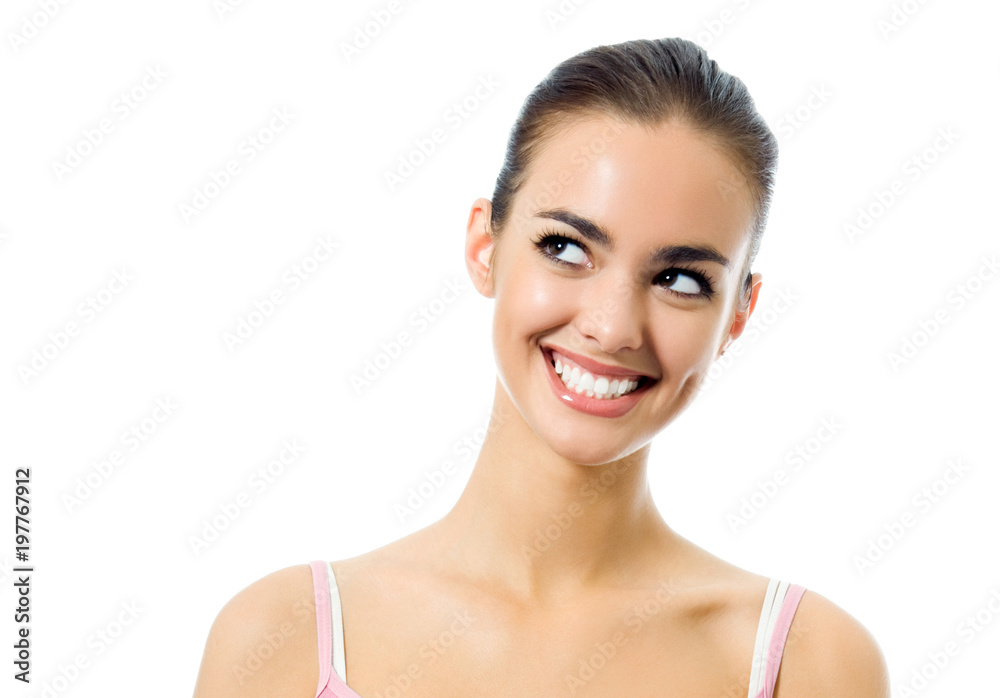 Portrait of young happy smiling thinking woman, isolated over white background Portrait of young happy smiling thinking woman, isolated over white background