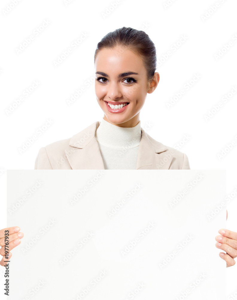 Businesswoman showing blank signboard, on white Businesswoman showing blank signboard, on white