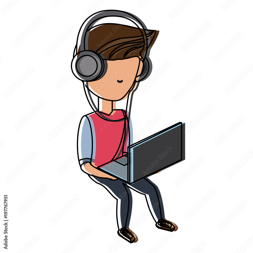 avatar young man sitting and using a laptop computer and headphones over white background, colorful design. vector illustration avatar young man sitting and using a laptop computer and headphones over white background, colorful design. vector illustration