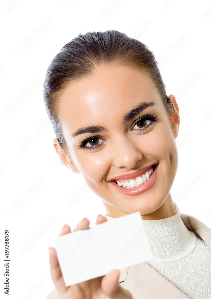 Businesswoman showing blank business card, isolated Businesswoman showing blank business card, isolated