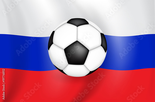 Realistic 3D drawing flag  white-blue-red  of the Russian Federation  Russia  with a football of black and white color. Vector Illustration