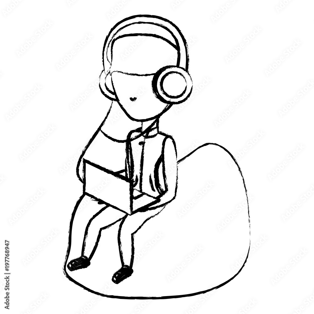 sketch of avatar young man sitting on a bean bag and using a laptop computer and headphones over white background, vector illustration sketch of avatar young man sitting on a bean bag and using a laptop computer and headphones over white background, vector illustration