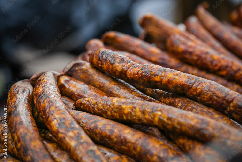 Fototapeta premium Home made smoked long sausages from Romania