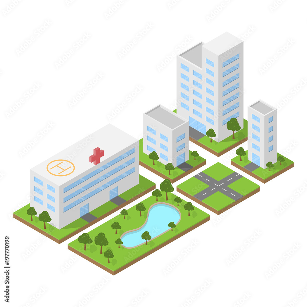 Isometric city, building block flat 3D design, vector illustration Isometric city, building block flat 3D design, vector illustration