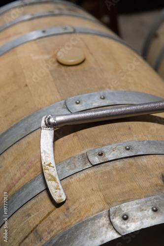 A baton for stirring wine on the lees resting on an oak barrel in a winery photo