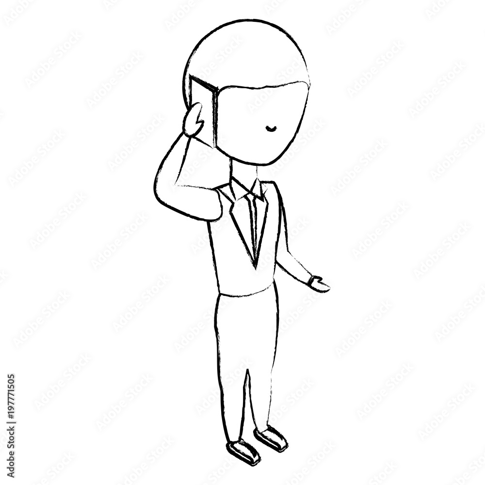 sketch of avatar businessman standing and talking on cellphone over white background, vector illustration