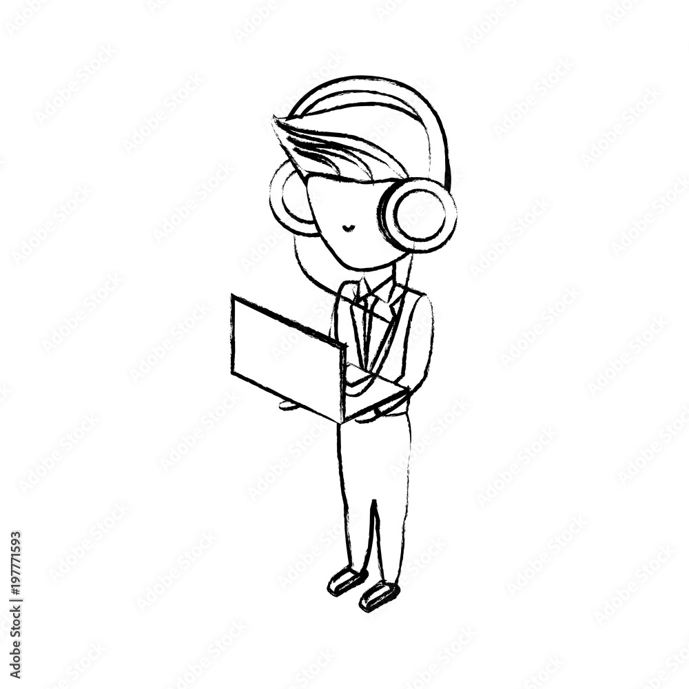 sketch of avatar businessman standing and using a laptop computer and headphones over white background, vector illustration