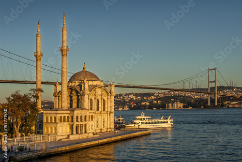 Istanbul, Turkey, 17 October 2007: Ortakoy Mosque with Bosphorus Bridge