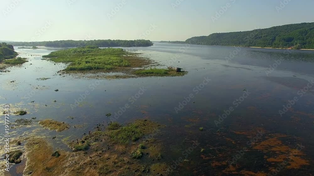 aerial view of river and the islands 4K, forest and river, Very high view of the river forest at sunrise, Aerial view of mystical river and hills