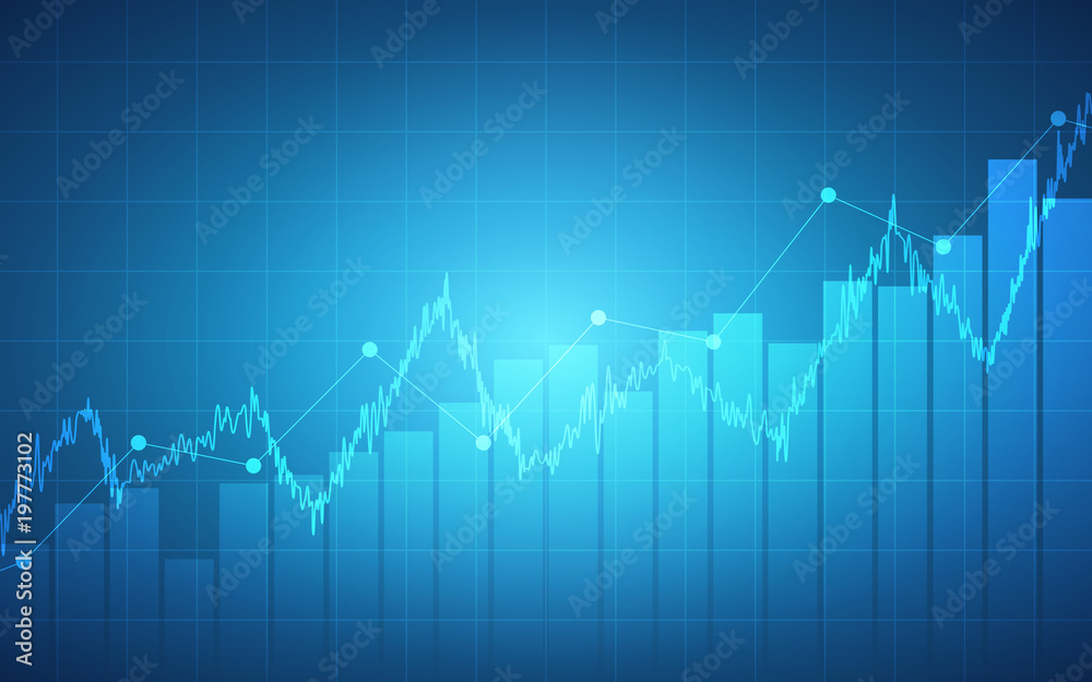 Abstract financial chart with uptrend line graph and bar chart on blue color background