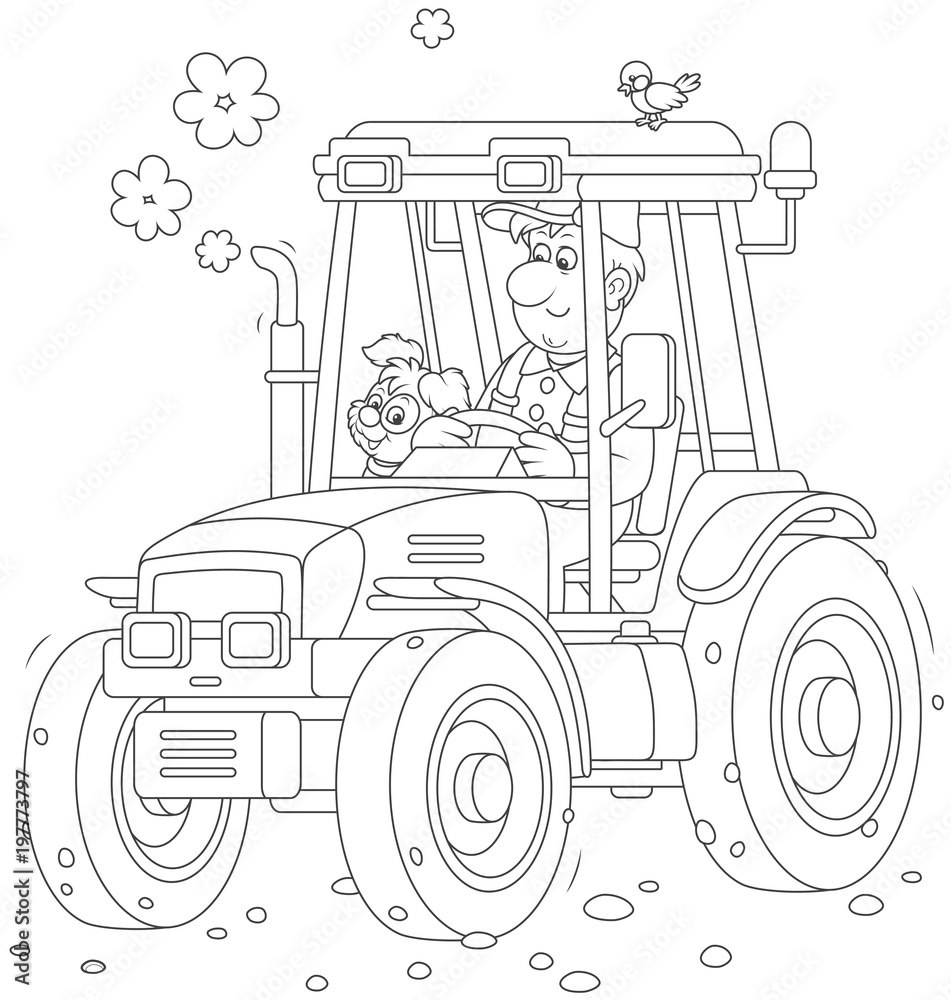 Smiling worker driving his wheeled tractor, a black and white vector illustration in a cartoon style for a coloring book