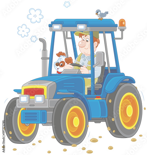 Smiling worker driving his wheeled tractor, a vector illustration in cartoon style