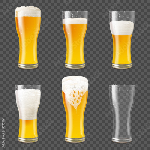 Set of photo realistic beer mugs isolated on transparent background. Vector illustration with glass of beer of different fullness