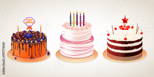 Vector set of different delicious cakes isolated on white background. Birthday cakes with cream chocolate berries and candle for holiday design.