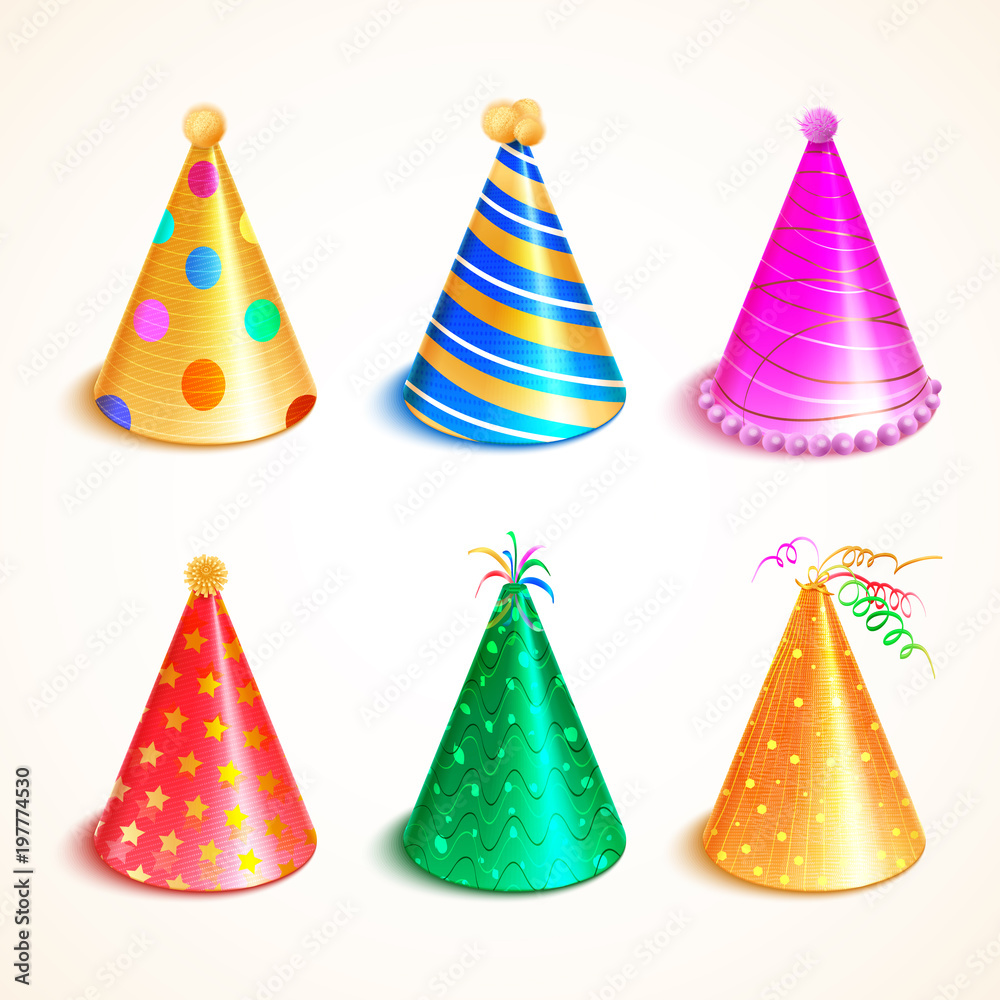 Vector realistic set of birthday hats isolated on white background for holiday design Vector realistic set of birthday hats isolated on white background for holiday design