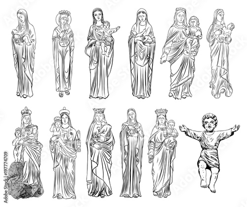 Set of Saint Mary holding baby Jesus Christ, son of God in her hands. Christmas nativity scene for holiday. Blackwork adult flesh tattoo concept. Vector.