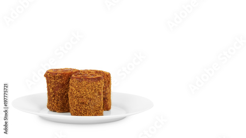 delicious chocolate with milk Swiss roll cake on plate isolated on white background, home made dessert. copy space, template