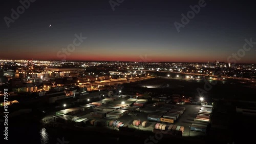 Aerial view of shipping yard at night from the Passaic River in Newark New Jersey