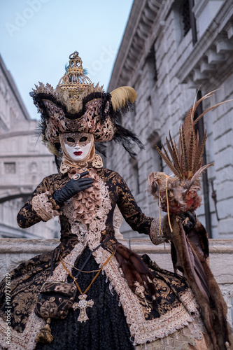 Woman in costume and mask  carrying feathered bird and birdcage  photographed during the Venice Carnival  Carnivale di Venezia 