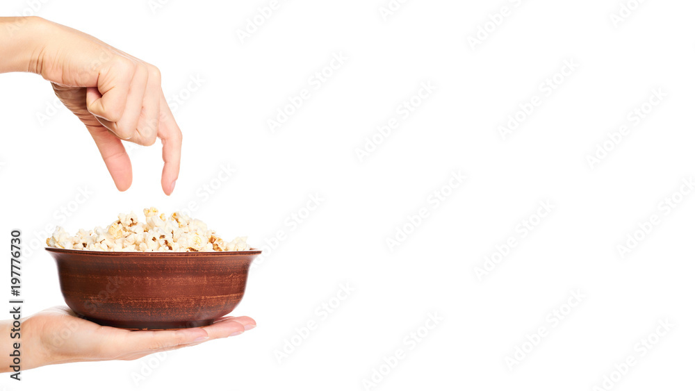 fresh pop corn in hand isolated on white background. copy space, template fresh pop corn in hand isolated on white background. copy space, template