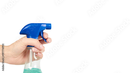 Cleaning spray bottle in hand isolated on white background. Housework and sanitary concept. copy space, template