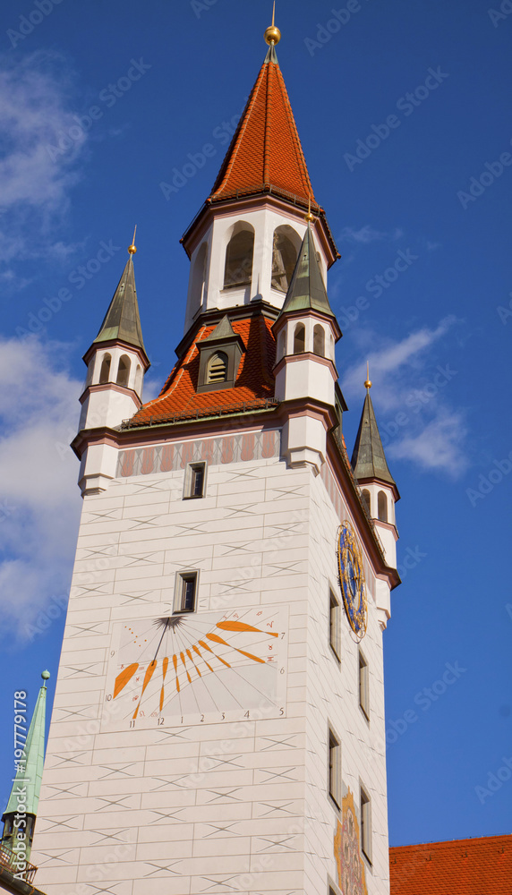 Munich, Old Town Hall tower in gothic style with the sun dial Munich, Old Town Hall tower in gothic style with the sun dial