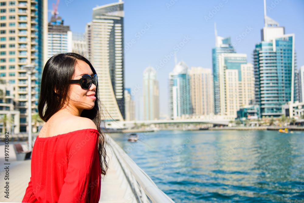 Girl enjoying a Dubai marina view