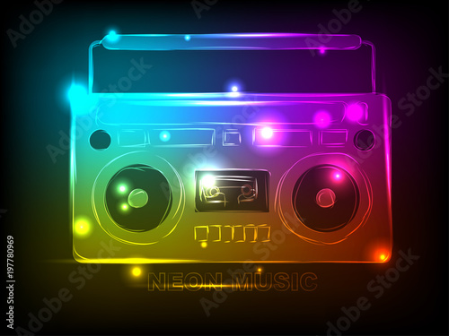 Bright tape recorder with elements of colorful neon for your design. Vector