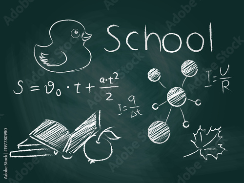 School board with inscriptions and drawings with chalk. Vector