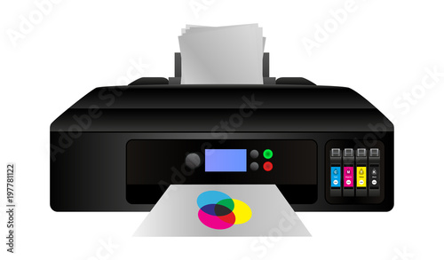 Vector illustration of home digital inkjet cmyk printer with subtractive color mixing